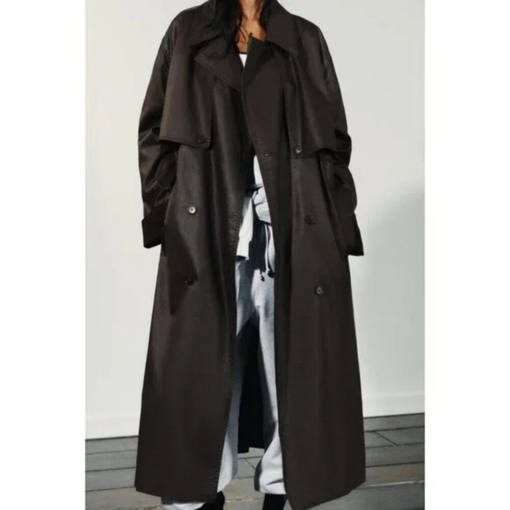 ZARA LONG WAXED TRENCH COAT WITH CORDUROY CUFFS - Picture 1 of 10